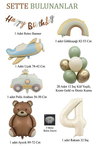 Patladı Gitti Retro 4 Years Old Birthday Set; Airplane, Car, Rainbow, Teddy Bear and 20 Latex Balloon Set