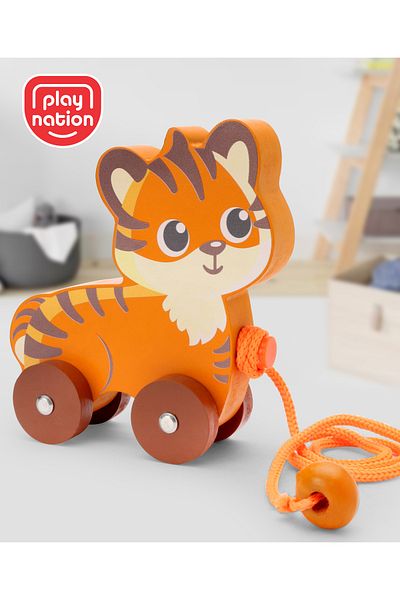 PlayNation Play Nation Montessori Tiger Wooden Pull Along Toy , Develop Motor Skills , 12M+ , Smooth Finish