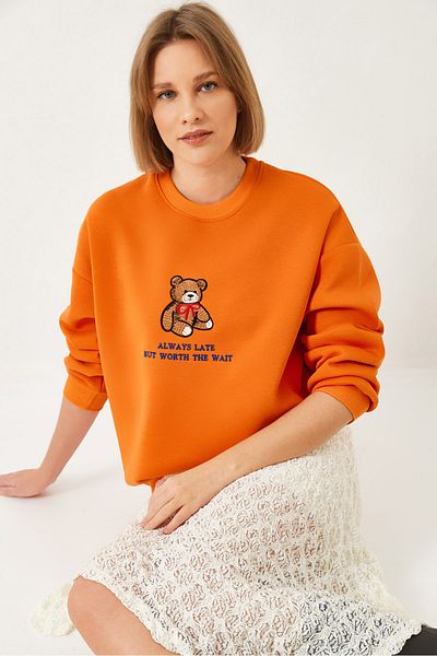 Bianco Lucci Women's Teddy Bear Printed Printed Ribbed Basic Sweatshirt 241011 60261314