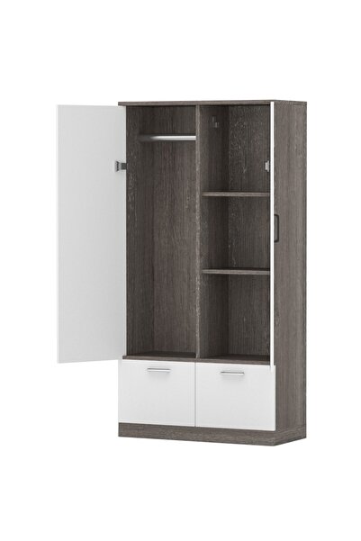 Mahmayi Wooden Wardrobe With 2 Doors, Drawers, Rod And Compartments-Grey Brown White River Oak/Premium White