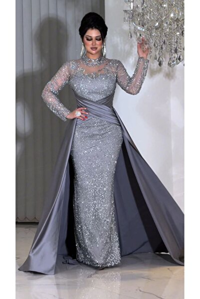 ZENABİYEM Zena Fashion  Bel Detaylı Püskürtme İşlemeli Saten Abiye Elbise