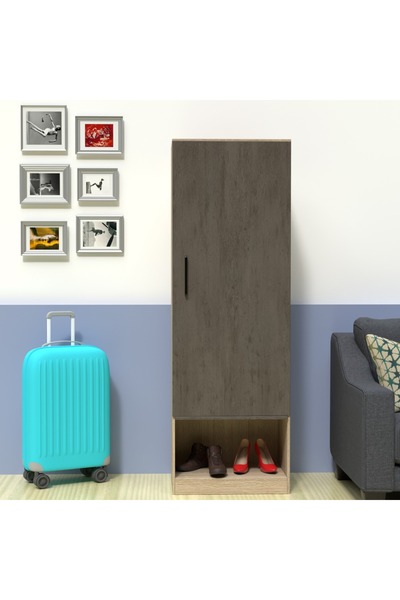 Mahmayi Modern Wardrobe With Storage Cabinet With Hangers-Dark Grey Chicago Concrete/Grey Bardolino Oak