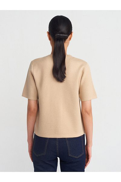Dilvin 60920 Model - Light Beige Crew Neck Sequin Knitwear Cardigan