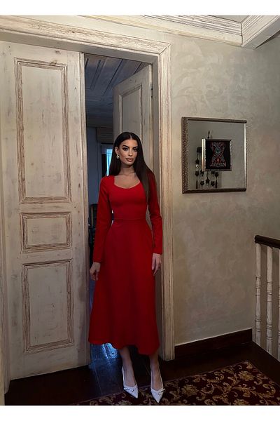 LOCH BUTİK ROCHIE MIDI ROȘIE FEMEI CU MÂNECĂ LUNGĂ GÂT U