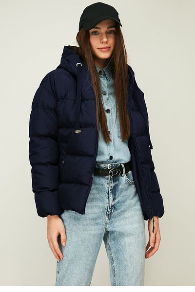 QAWWA Women's Navy Blue Hooded Fiber Windproof Puffer Winter Coat