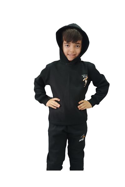 MODA Black Printed Boys' Bottom Top Tracksuit Set