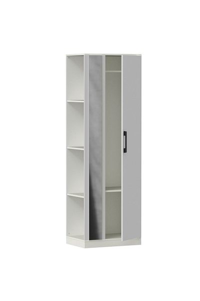 Mahmayi Modern Wardrobe With Side Mirror And Side Shelf, Floor Storage Cabinet With Hangers - Premium White