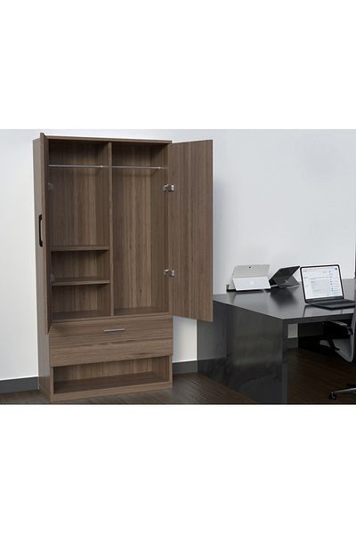 Mahmayi Wooden Wardrobe With 2 Door, And Open Shoe Rack, Rod And 2 Compartments-Truffle Brown Davos Oak