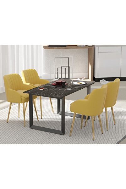 Mahmayi 136 BLK Wooden Dining Table Loop-Leg, 6-Seater for Kitchen-140cm, Black Pietra Grigia