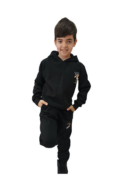 MODA Black Printed Boys' Bottom Top Tracksuit Set