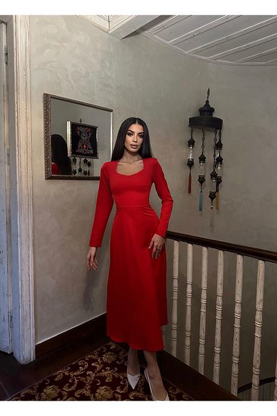 LOCH BUTİK ROCHIE MIDI ROȘIE FEMEI CU MÂNECĂ LUNGĂ GÂT U