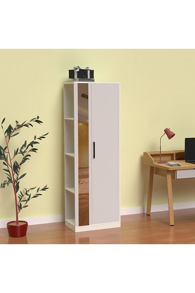 Mahmayi Modern Wardrobe With Side Mirror And Side Shelf, Floor Storage Cabinet With Hangers - Premium White