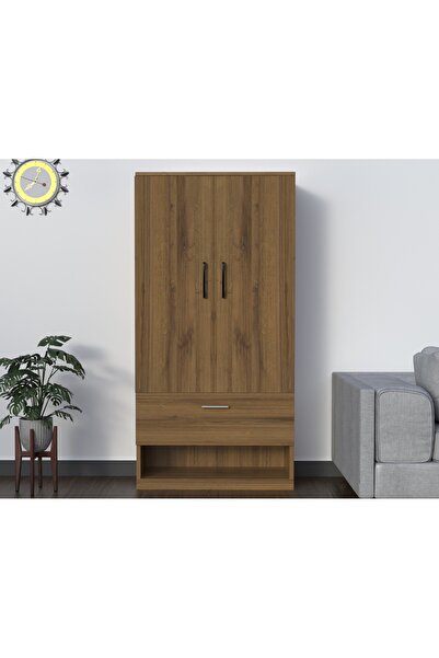 Mahmayi Wooden Wardrobe With 2 Door, And Open Shoe Rack, Rod And Compartments-Cognac Brown Sherman Oak