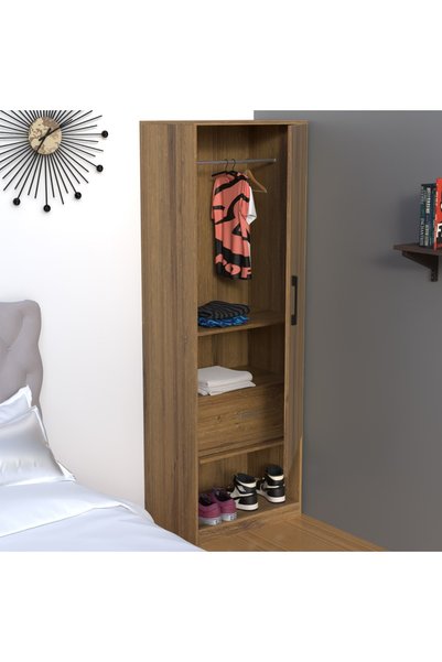 Mahmayi Modern Wardrobe With Floor Storage Cabinet With Hangers-Cognac Brown Sherman Oak