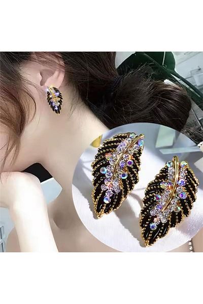 Pelin Aksesuar Black Crystal Leaf Earrings