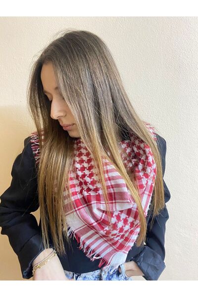 sema aksesuar شال قطني كبير الحجم للجنسين للاستخدام اليومي - حقيبة مربعة باللونين الأحمر والأبيض