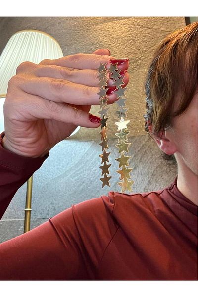Pelin Aksesuar Gold Long Starry Steel Earrings