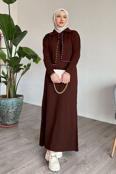 InStyle Bitter Coffee Knitwear Set with Pearl Bolero