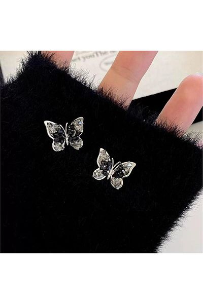 Pelin Aksesuar Silver Mini Butterfly Earrings with Black Smoked Crystal