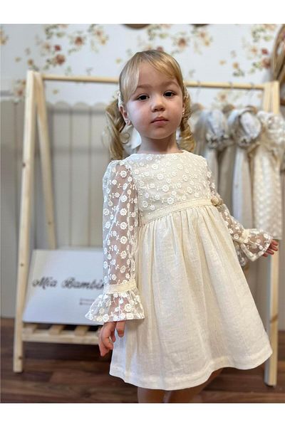 miabambim Premium Series Beige Baby Girl Dress - Long Sleeve and Floral Linen