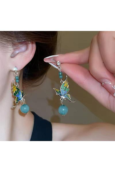 Pelin Aksesuar Blue Beaded Butterfly Earrings
