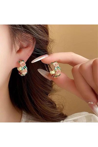Pelin Aksesuar Pink Floral Print Hoop Earrings