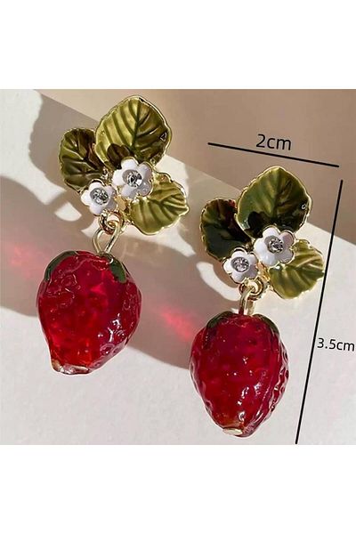 Pelin Aksesuar Red Strawberry and Leaf Earrings