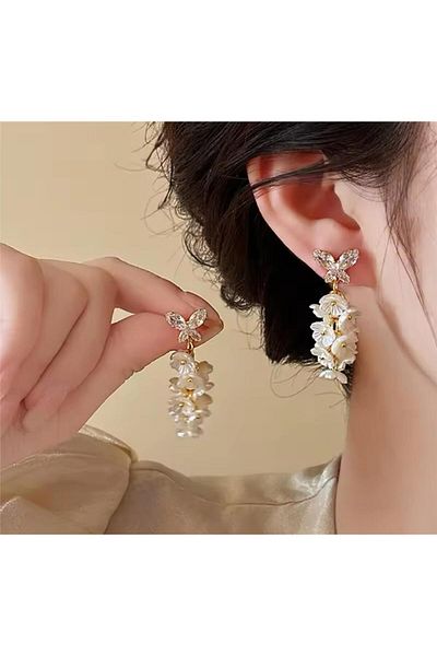 Pelin Aksesuar Cream Flower Dangle Stone Butterfly Earrings