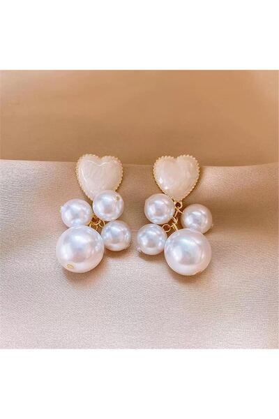 Pelin Aksesuar Krem Büyük İncili Kalp Küpe