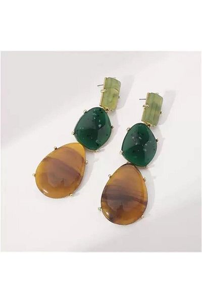 Pelin Aksesuar Green Brown Stone Long Earrings