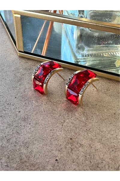 Pelin Aksesuar Red Crystal Baguette Stone Hoop Earrings