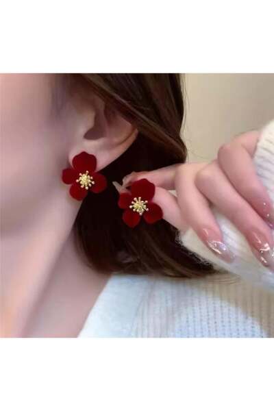 Pelin Aksesuar أقراط زهرة مخملية بورجوندي