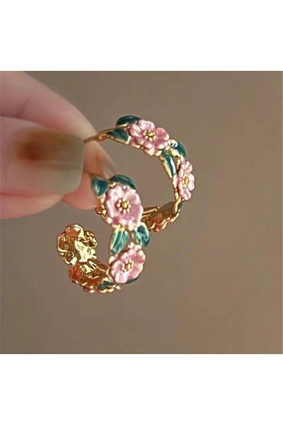 Pelin Aksesuar Pink Floral Print Hoop Earrings