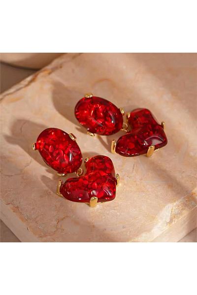 Pelin Aksesuar Big Heart Earrings with Red Stones