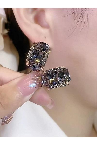 Pelin Aksesuar Smoked Crystal Baguette Stone Hoop Earrings