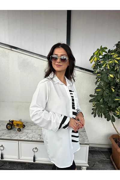 Kübra Tekstil Women's White Zebra Print Oversize Shirt with Pockets, Tunic