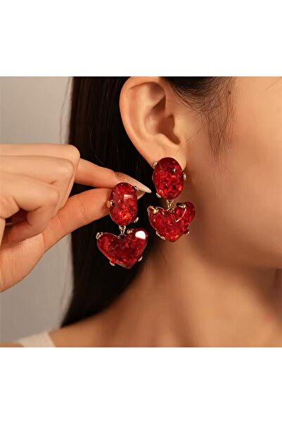 Pelin Aksesuar Kırmızı Taşlı Büyük Kalp Küpe