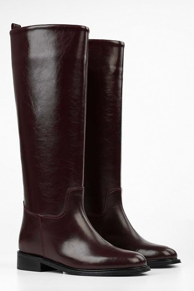 Shoeberry Damen-Reitstiefel aus bordeauxrotem Leder mit Spitze
