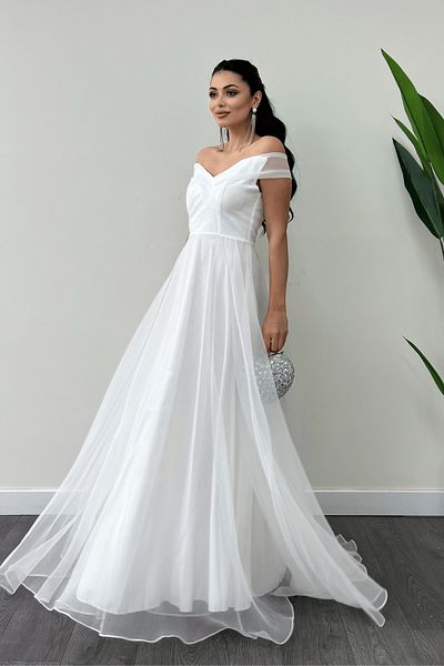 giyimmasalı Φόρεμα Princess Organza Fabric Boat Neck - ΛΕΥΚΟ