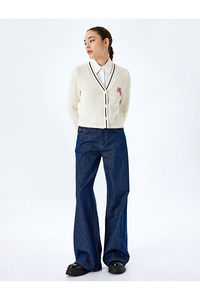 Koton Embroidery Detailed Long Sleeve Buttoned Ribbed V-Neck Knitwear Cardigan