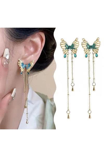 Pelin Aksesuar Green Blue Gold Dangle Butterfly Earrings