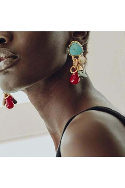 Pelin Aksesuar Turquoise Red Beads Dangle Design Earrings