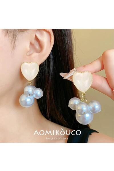 Pelin Aksesuar Krem Büyük İncili Kalp Küpe