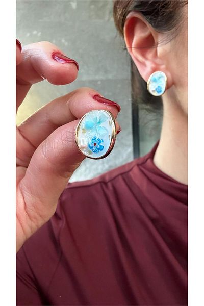 Pelin Aksesuar Blue Flower Patterned Earrings