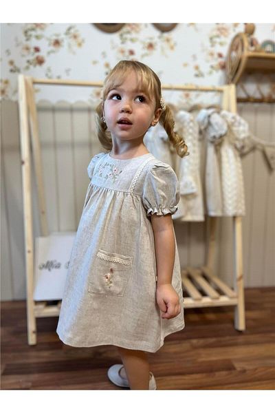 miabambim Premium Series Beige Floral Embroidery Watermelon Sleeve Dress for Baby Girl - 100% Linen