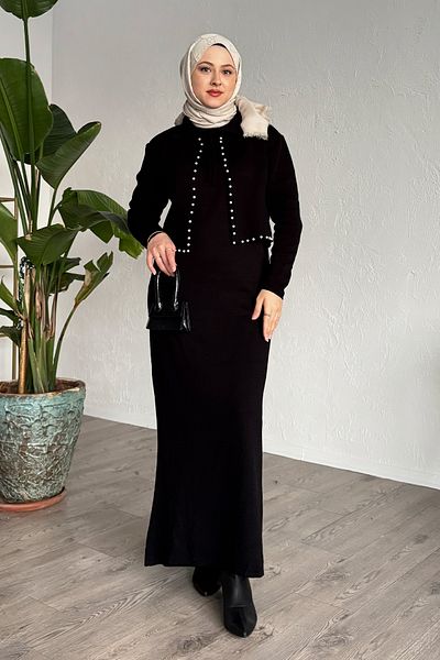 InStyle بدلة تريكو سوداء مع بوليرو لؤلؤي