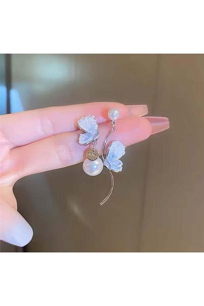 Pelin Aksesuar White Crystal Half Butterfly Asymmetrical Earrings