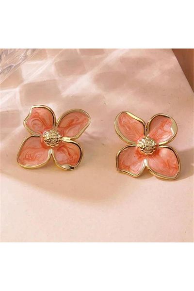 Pelin Aksesuar Salmon Pink Steel Flower Earrings