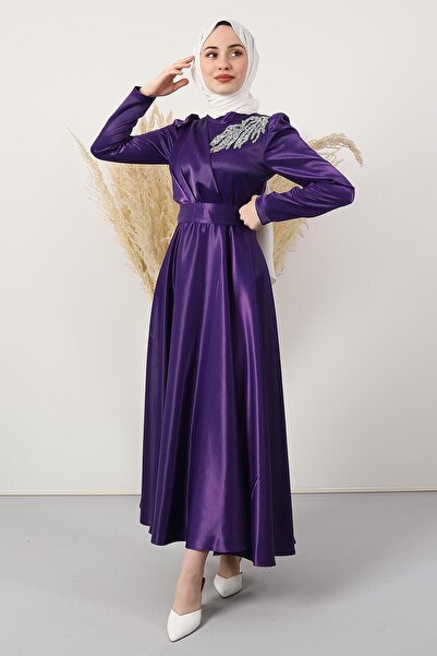 Satin Evening Dress with Shoulder Gemstone Purple