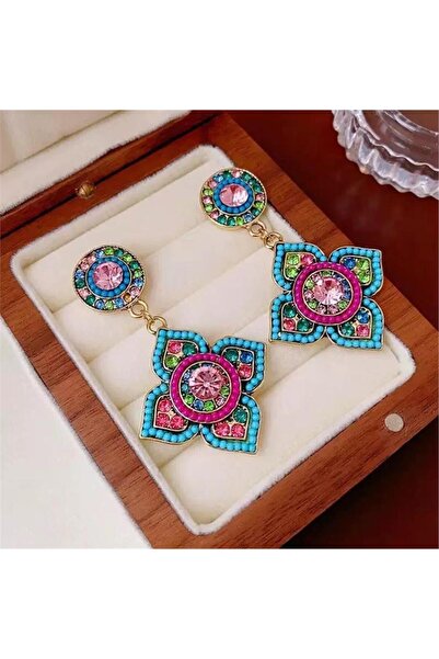 Pelin Aksesuar Renkli İşlemeli Etnik Küpe